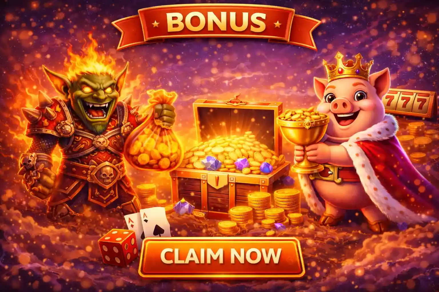 Cute pig king with treasure chest full of gold coins and casino bonus offer in Singapore