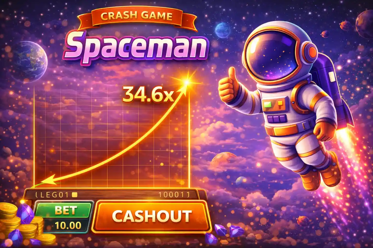 Astronaut in space suit flying with increasing multiplier in Spaceman crash game