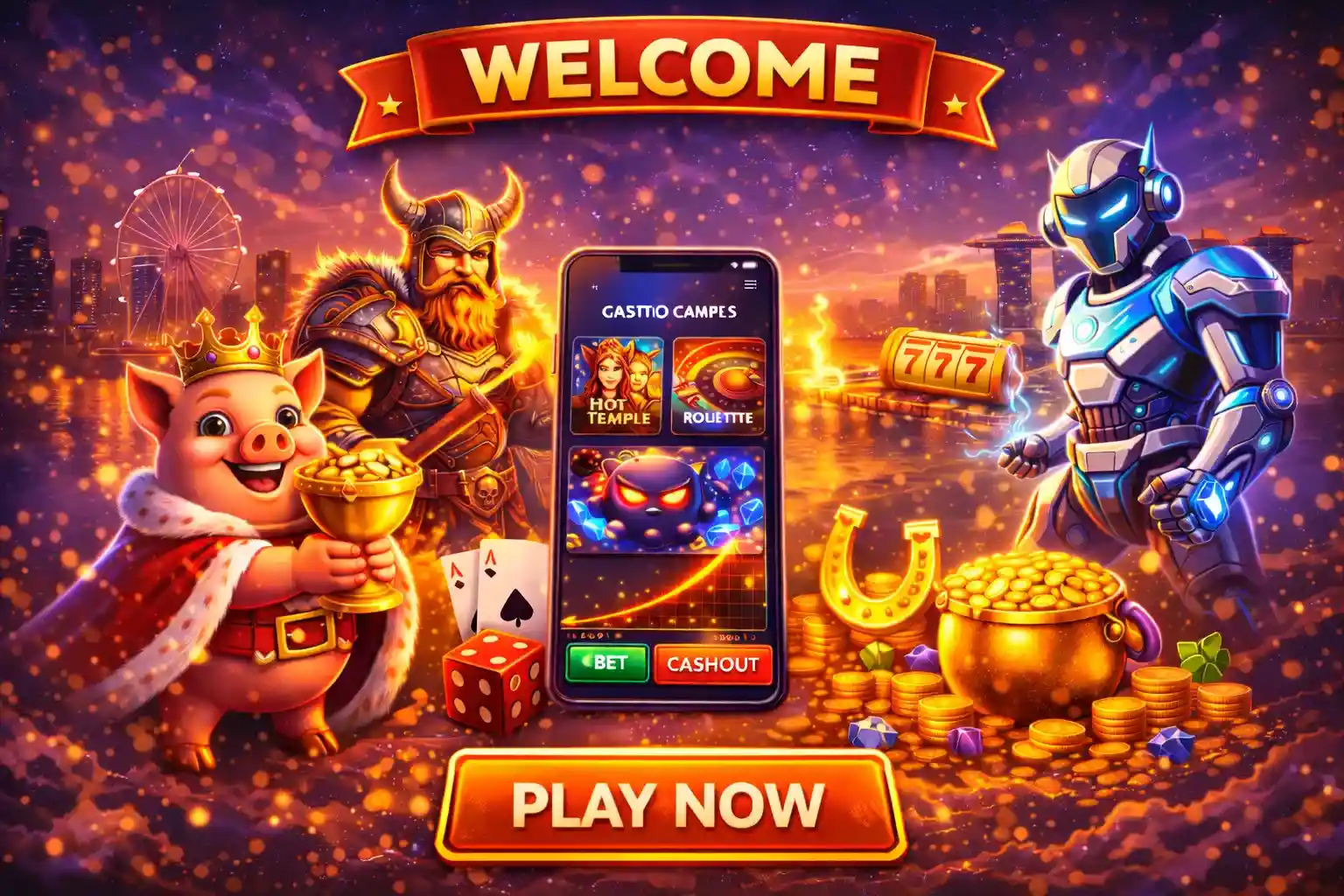 Vibrant welcome banner with lucky pig, Viking, robot and mobile app interface for online casino in Singapore