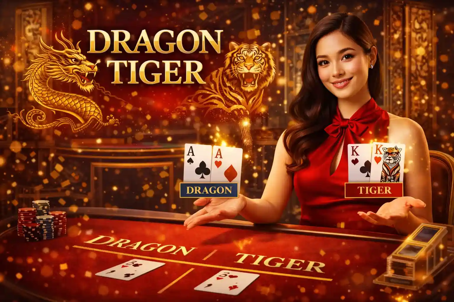 Attractive female dealer at premium blackjack table with VIP and Diamond tables