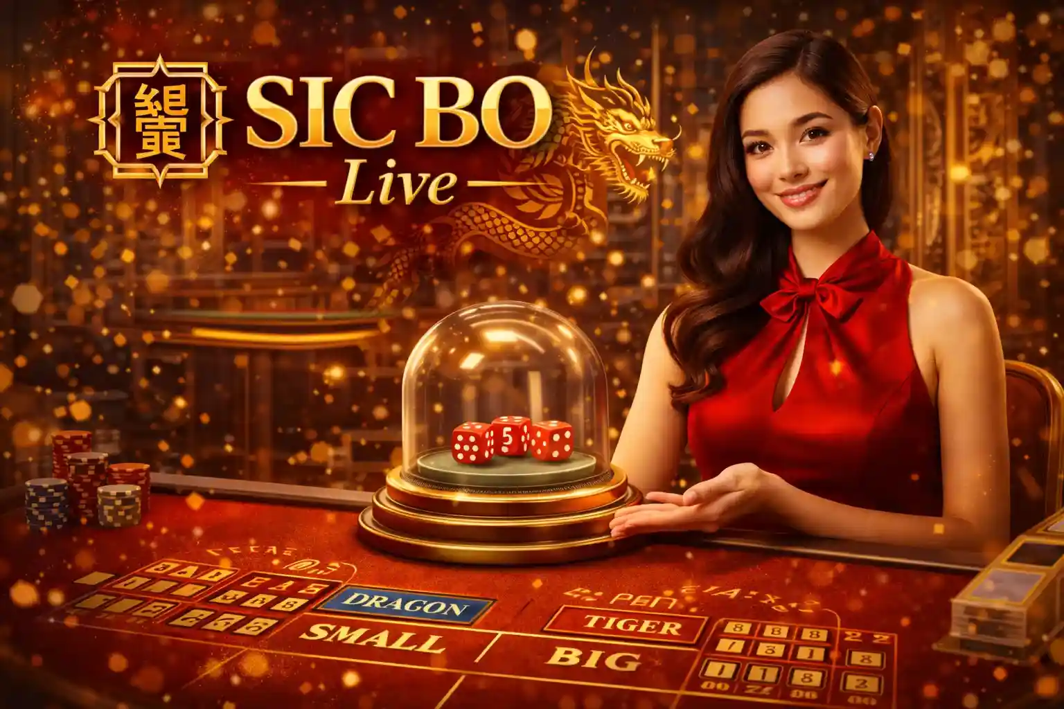 Asian live dealer playing fast Dragon Tiger card game with golden dragon theme