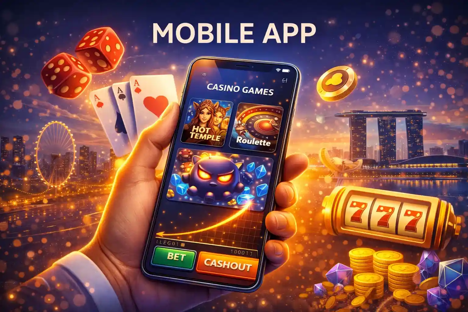 Viking character presenting mobile app interface with various casino games for Singapore users