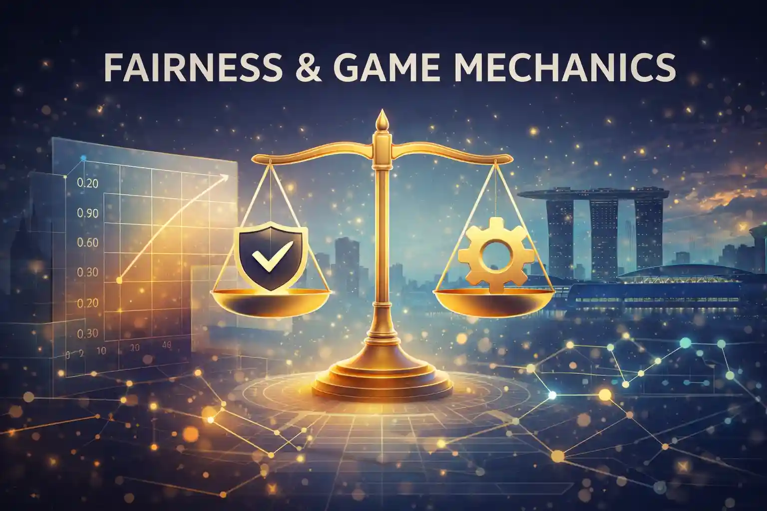 Digital balance scale with checkmark and gear representing provably fair technology in Singapore