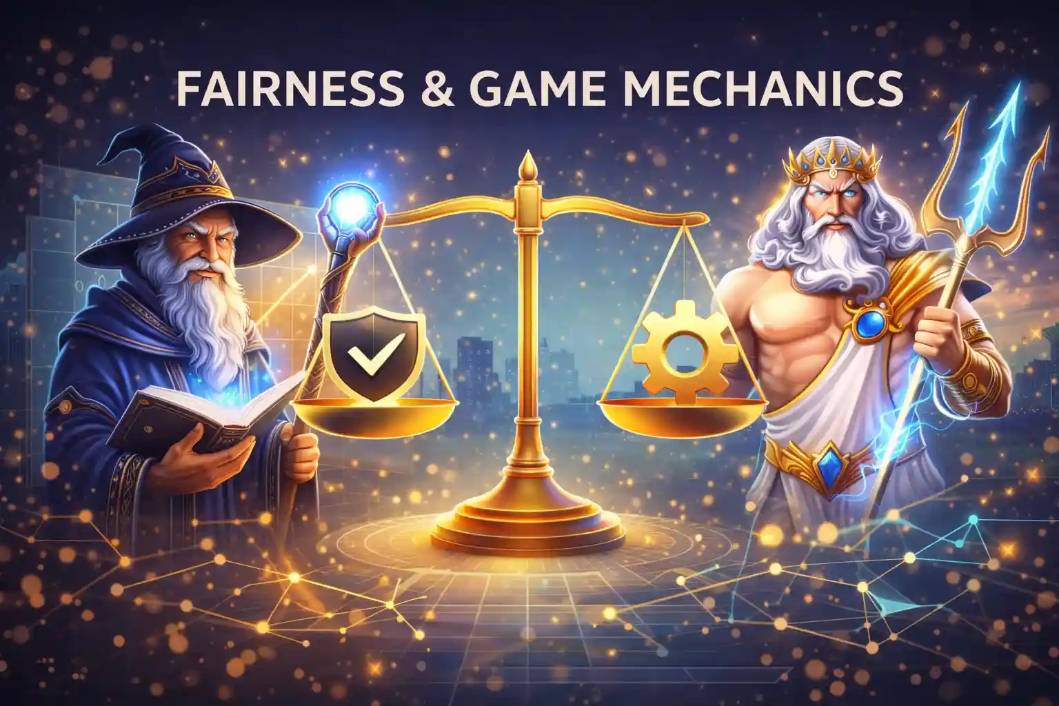 Wise wizard and ancient god showing fairness shield and transparent RTP mechanics