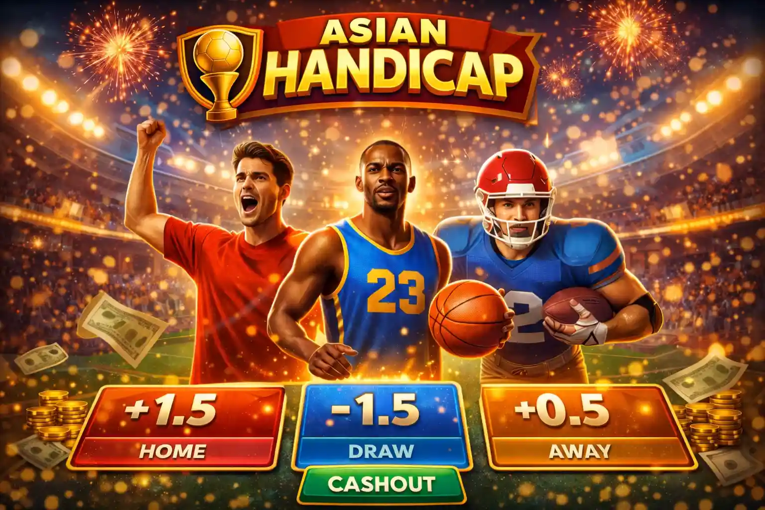 Football player and tennis athlete with sports betting interface and fireworks